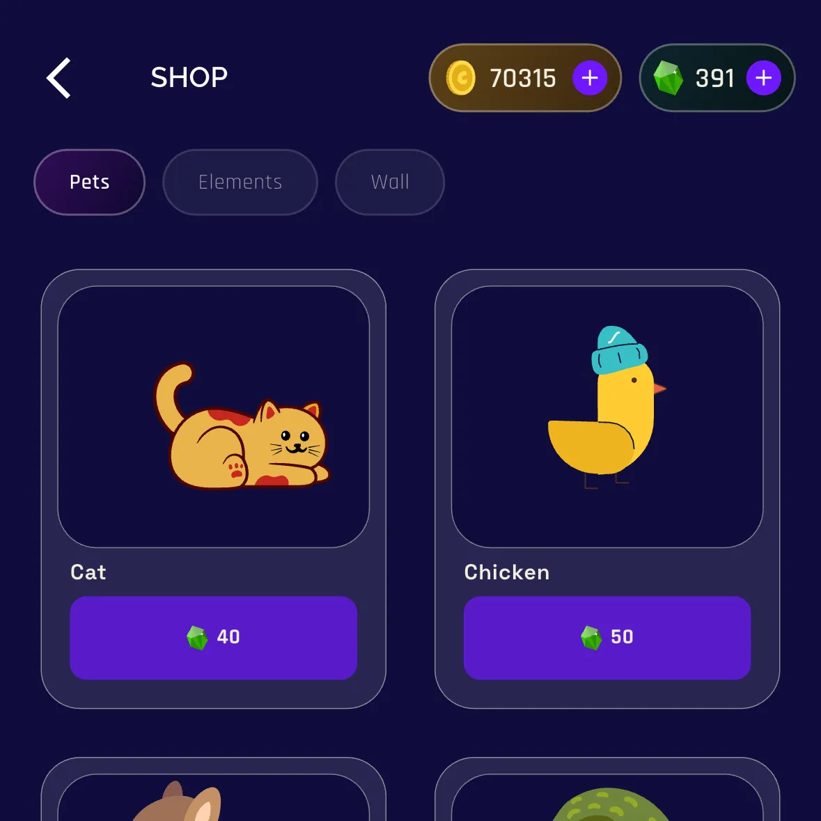 Shop pets: a cat and a chicken
