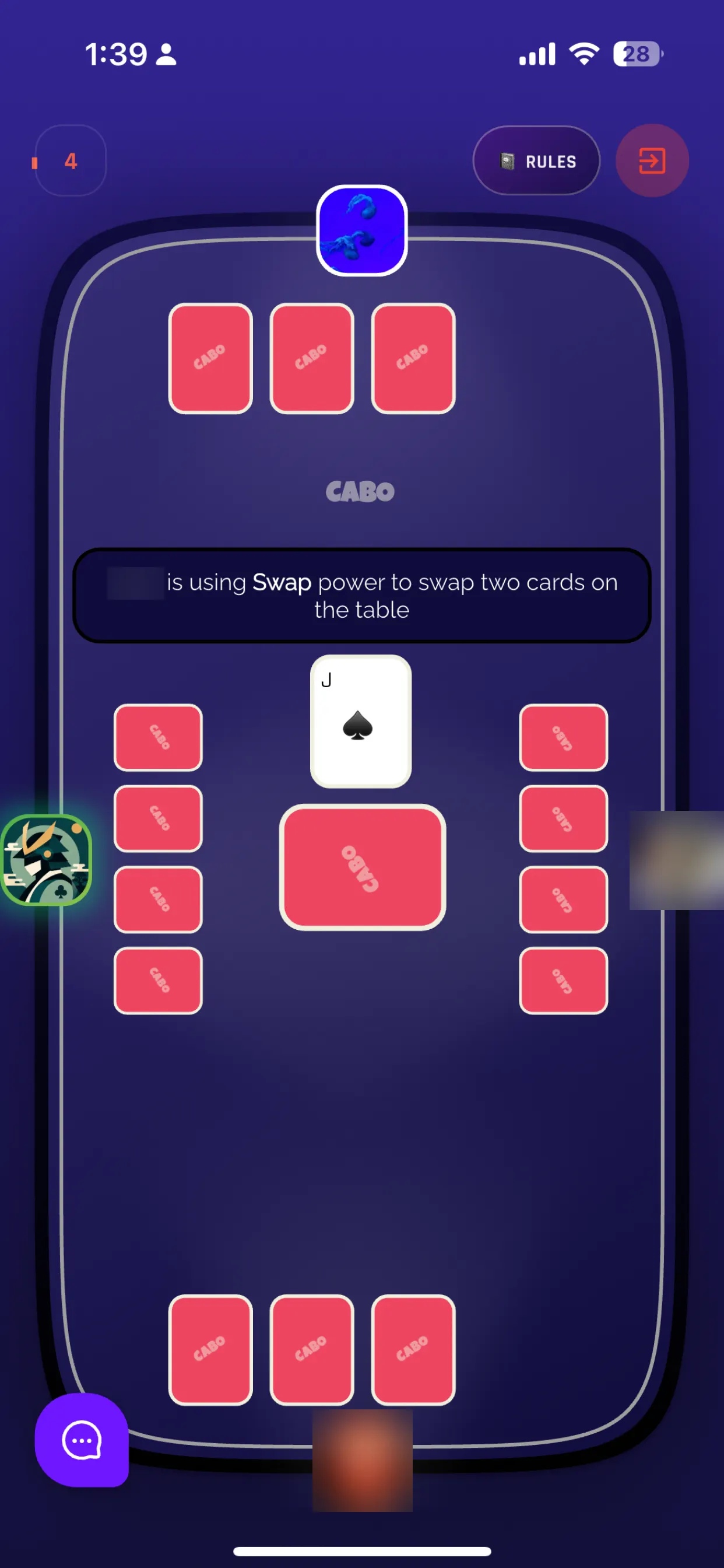 A live game of Cabo: four players around the table